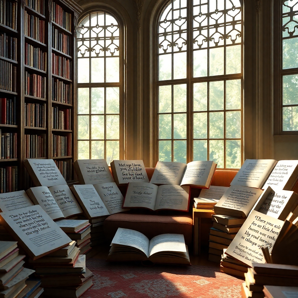 A visually appealing library filled with open books displaying various inspiring quotes. Soft sunlight filters through large windows, illuminating the quotes on pages. A cozy reading nook sits in the corner, inviting contemplation and encouragement.