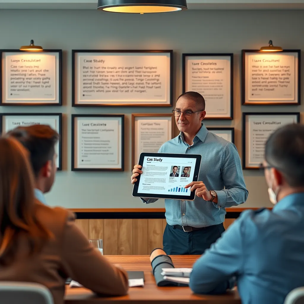 A visually appealing setup where a consultant is presenting a case study on a digital tablet to a group of engaged clients. The background has framed testimonials and success metrics displayed artistically, highlighting the consultant's expertise and positive outcomes.