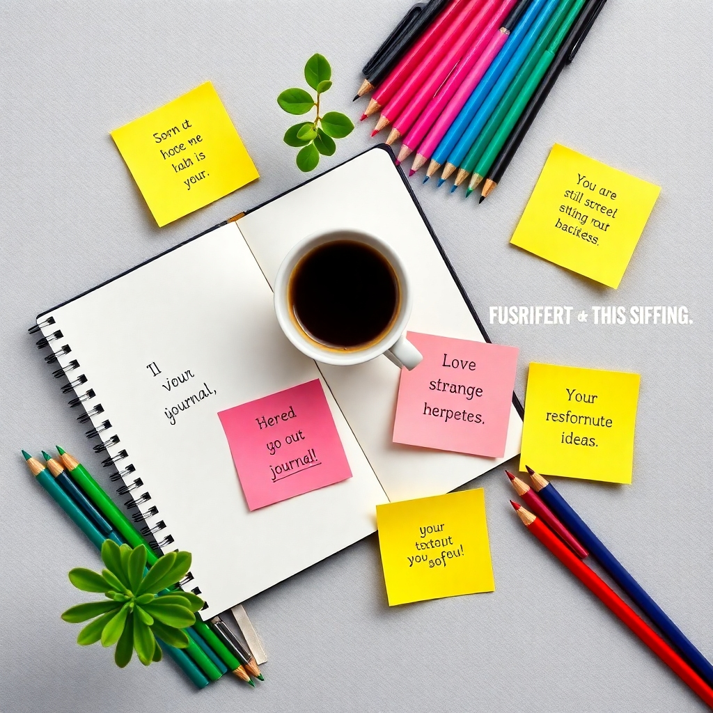 A visually striking flat lay of a journal, colorful pens, and motivational quotes on sticky notes, surrounded by a cup of coffee and a small plant, symbolizing the nurturing of ideas and the importance of staying motivated.