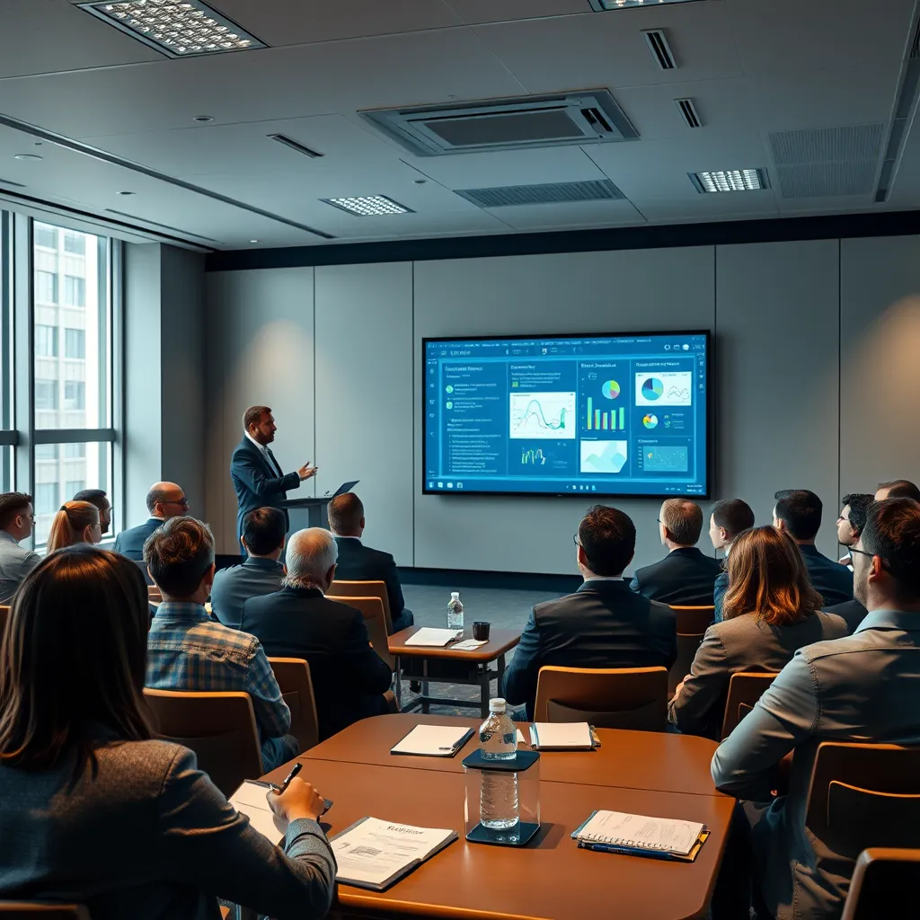 A well-lit conference room where a software consultant is presenting a demo on a large screen. The audience, consisting of engaged business professionals, is visibly impressed as they take notes and ask questions, highlighting interaction.