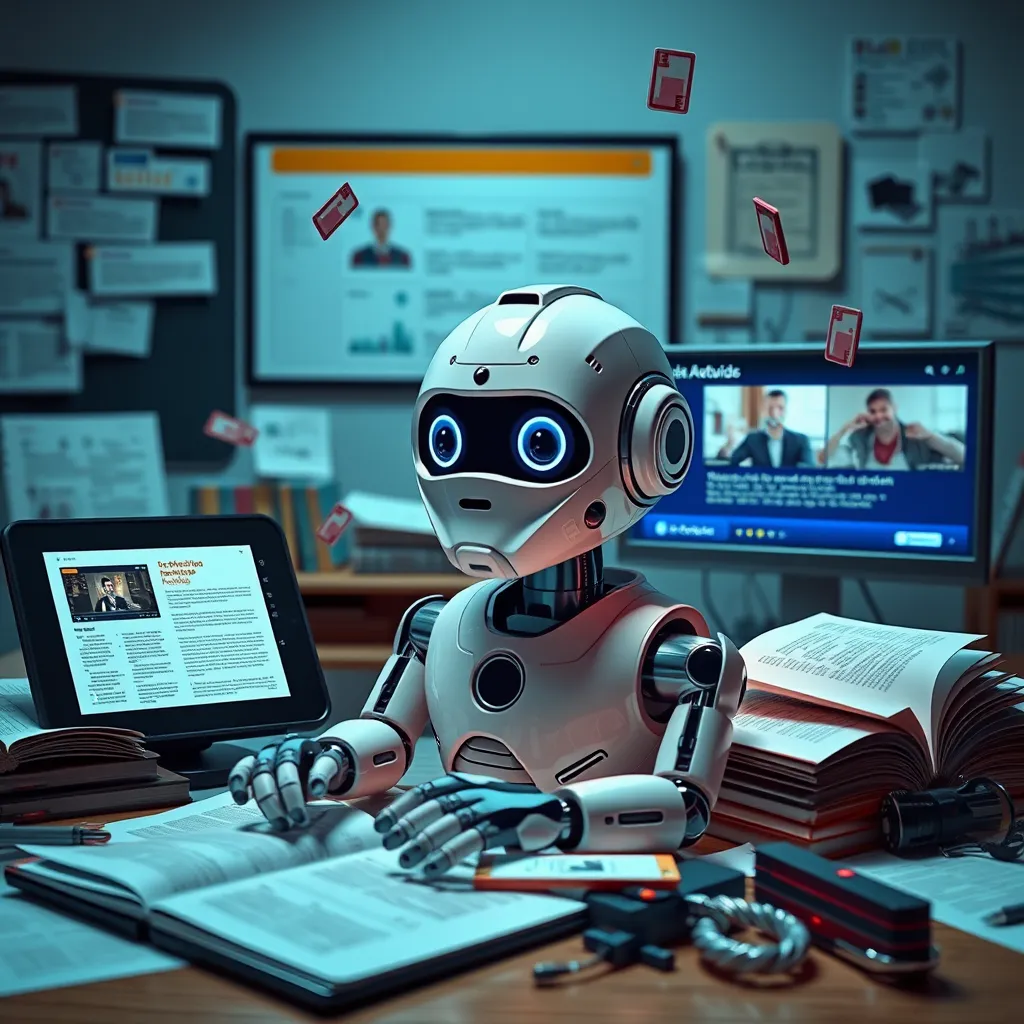 An educational scene displaying various media formats: open PDFs, audio files playing on a device, video tutorials on a screen, and links scattered across a digital workspace. Visualize a chatbot absorbing this information, symbolizing its adaptability and learning capability.