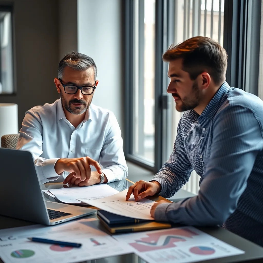 An intimate meeting scene where a consultant is discussing personalized software solutions with a client. The consultant is pointing at a customized proposal on a laptop, while the client looks intrigued, with documents and diagrams illustrating tailored options around them.