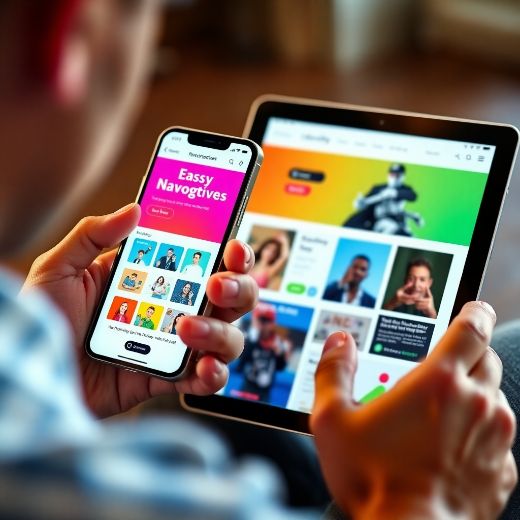 A close-up of a user navigating a responsive website on a smartphone and a tablet. The website displayed is vibrant and user-friendly, with easy navigation highlighting visual hierarchy and elements that encourage interaction.