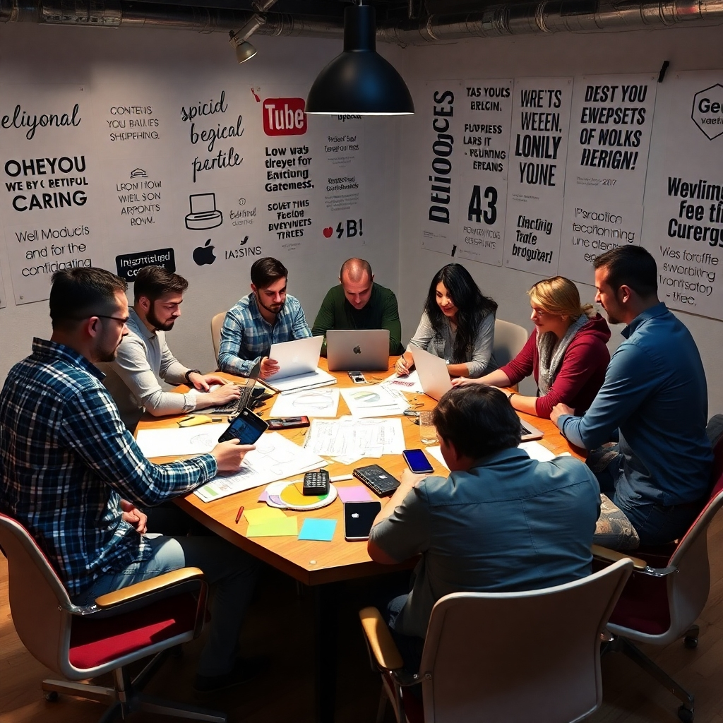 A creative brainstorming session where a diverse group of designers and writers are collaborating around a table filled with sketches, color palettes, and laptops. The walls are adorned with inspirational quotes and brand logos, emphasizing a personalized approach to website design.