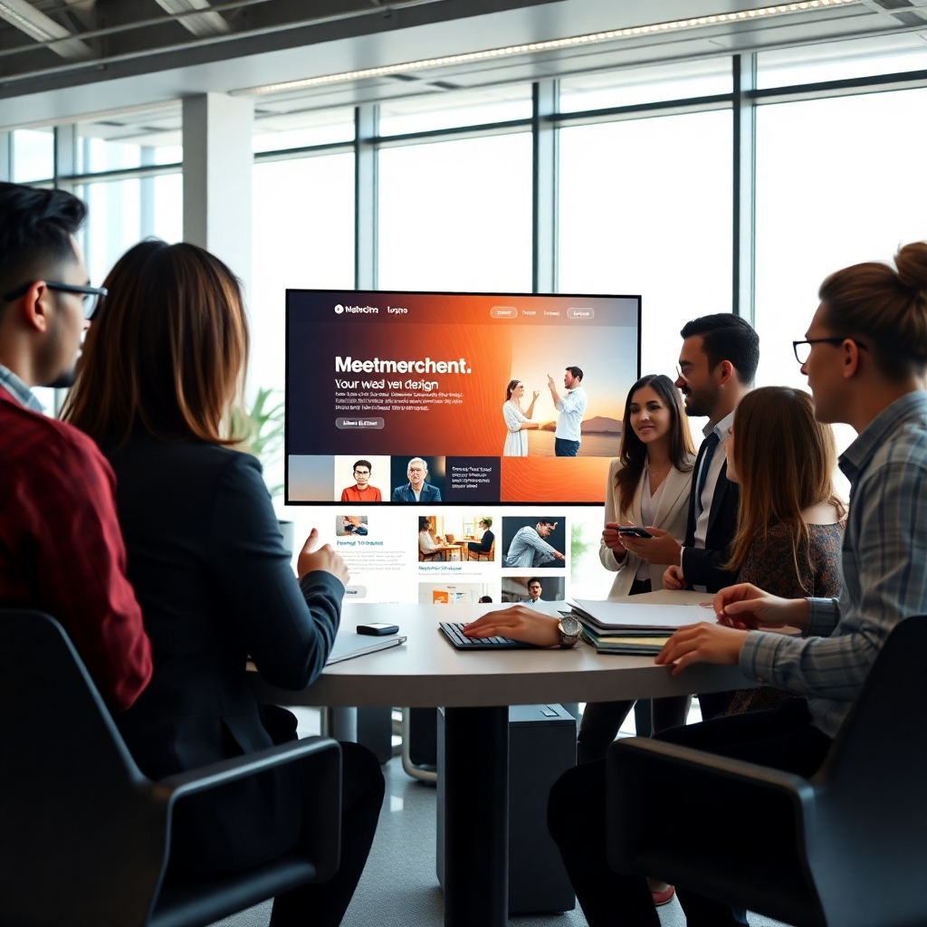 A high-quality, photorealistic image of a modern office interior with a large screen displaying a beautifully designed website. The workspace is bright and welcoming, with a professional team (diverse genders and ethnicities) discussing and collaborating around the design.
