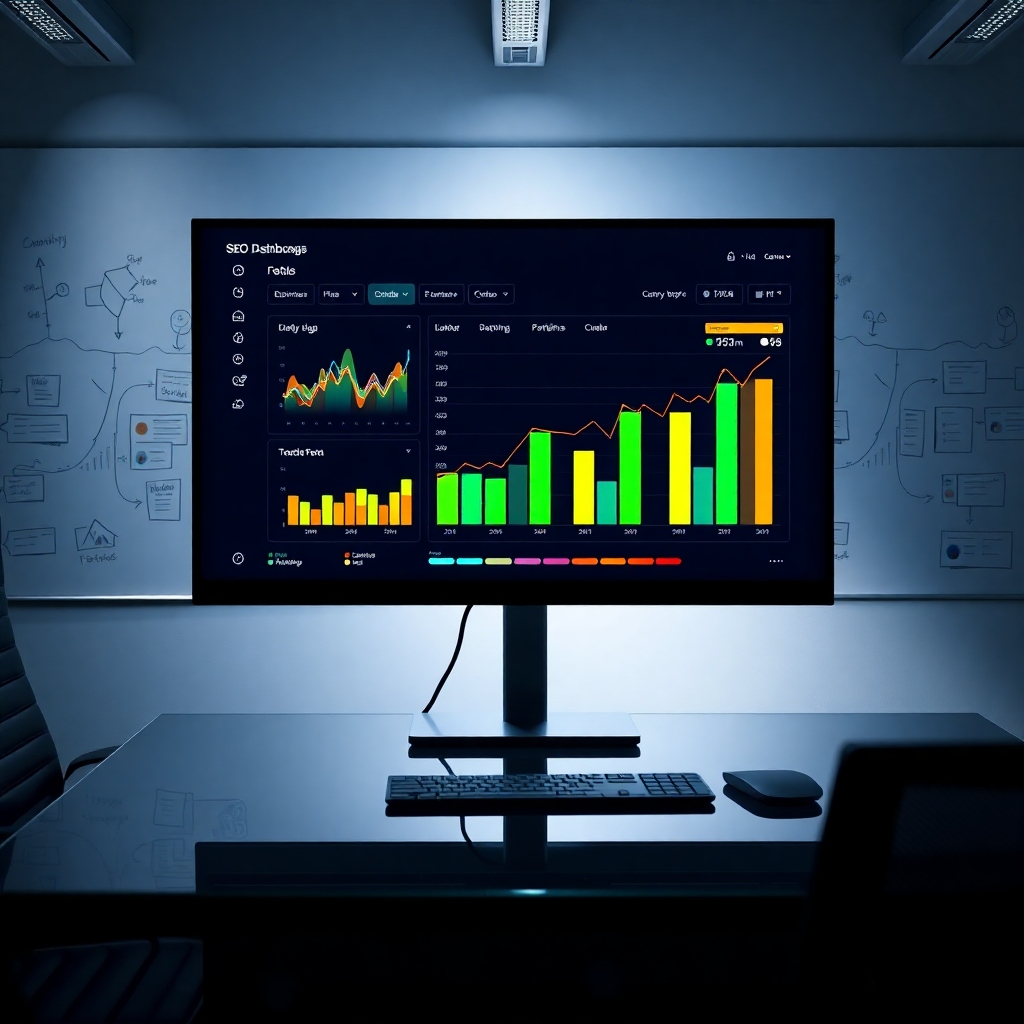 A high-tech SEO dashboard displaying colorful analytical graphs and performance indicators on a large monitor, set in a modern office environment. The lighting is dramatic side lighting, casting shadows that add depth and intrigue to the scene. The color palette includes vibrant greens, blues, and oranges, illustrating dynamic data and growth. The camera angle is slightly tilted upward, focusing on the monitor while capturing a sleek, minimalist desk setup below. Textures of glass surfaces and metal fixtures add a contemporary feel. The background features whiteboard notes and brainstorming diagrams, symbolizing strategic planning. Designed in an ultra-high quality, 8K resolution, the image conveys a sense of expertise and innovation in digital marketing.