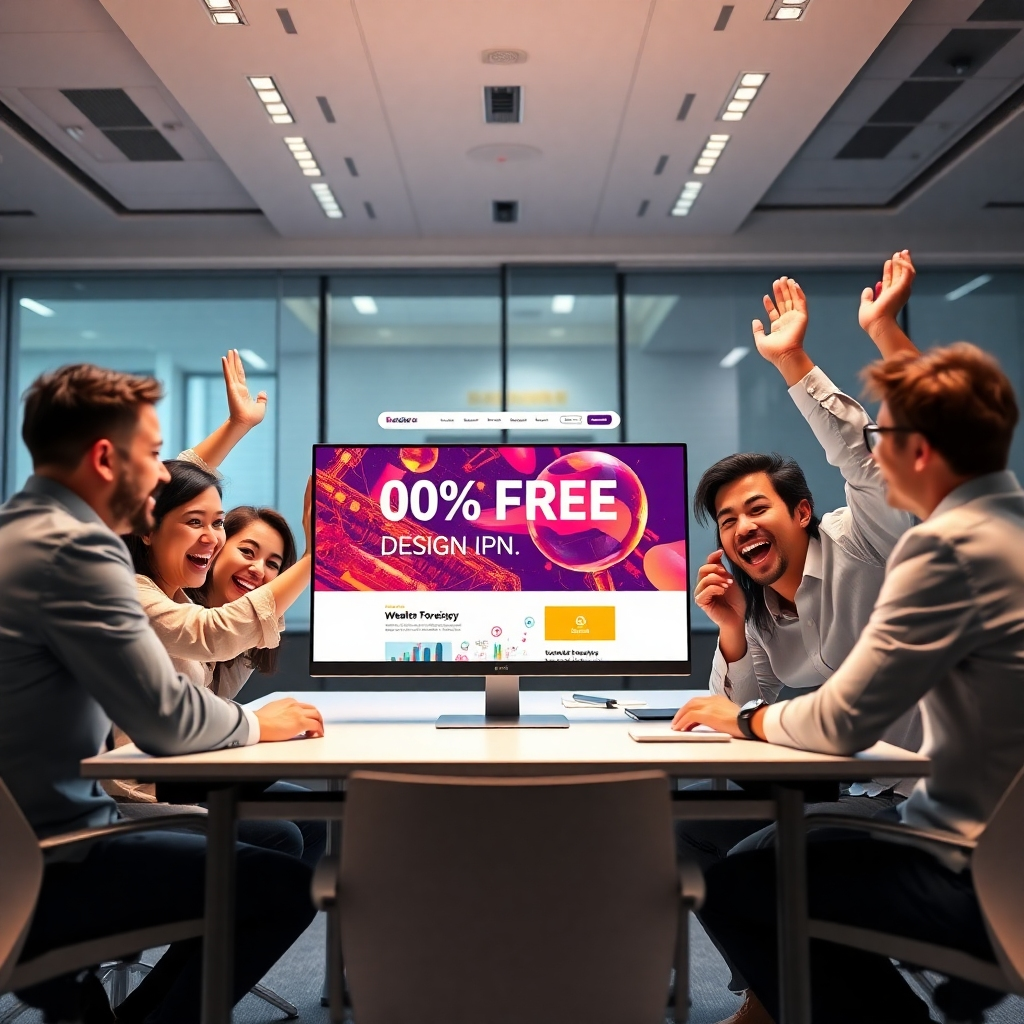 A modern office setting showcasing an excited business team gathered around a computer, celebrating a successful website design reveal. The screen displays a vibrant website mockup, with a banner stating '100% FREE Design' prominently featured. Bright, inspirational lighting enhances the atmosphere.