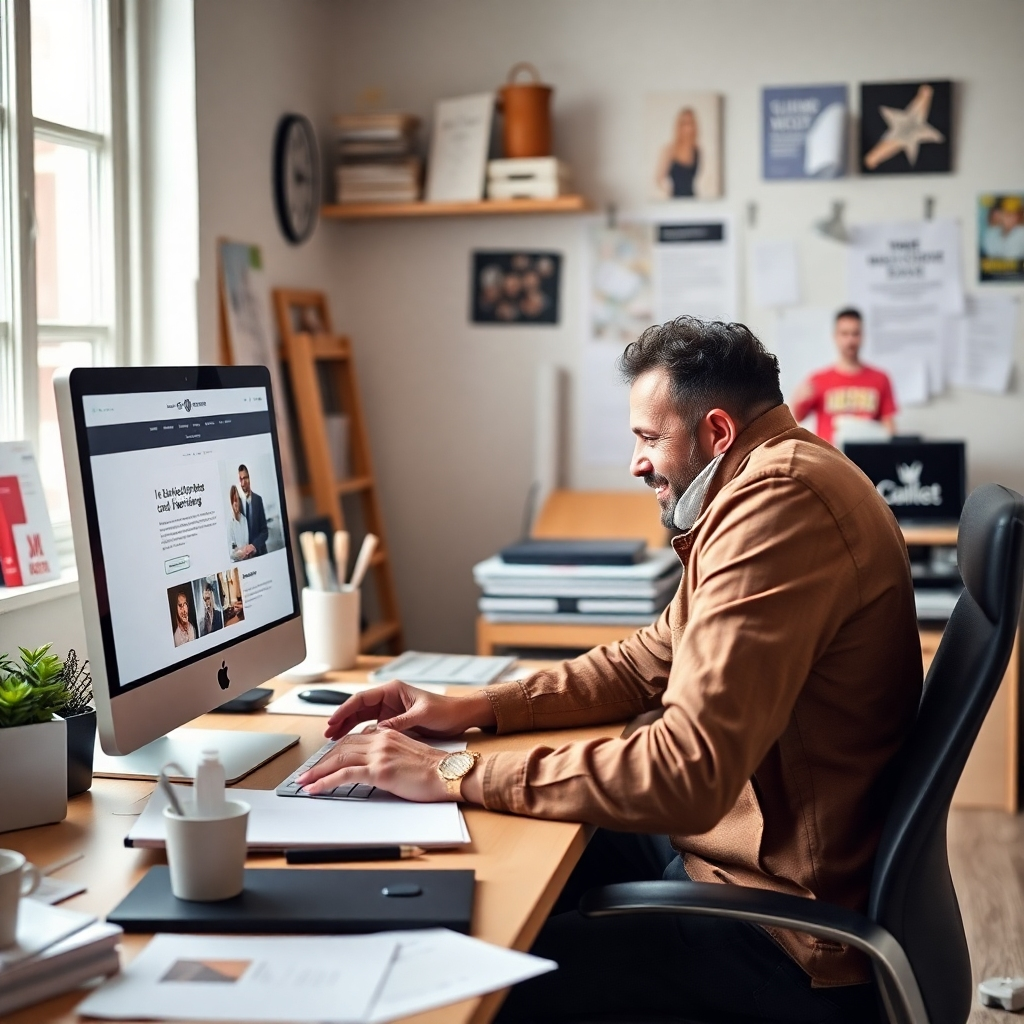 A small business owner happily sitting at a desk, looking at a beautifully designed website on a computer screen. The environment is bright and inviting, filled with branding materials and paperwork, illustrating creativity and professionalism.