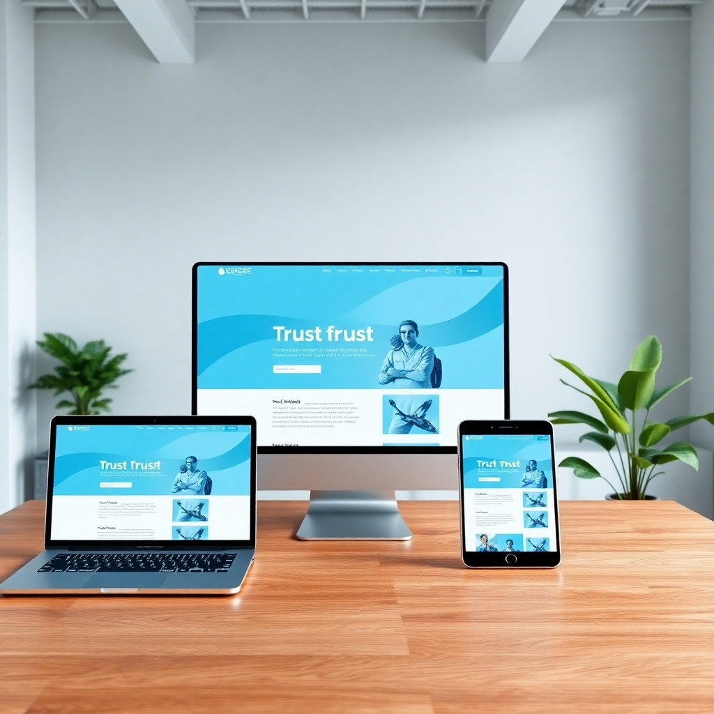 A stunning, ultra-modern website design interface displayed on multiple devices (desktop, tablet, and smartphone) against a clean, stylish office background. The lighting is soft diffused, creating a calming and professional atmosphere. The color palette includes cool blues and soft grays, evoking a sense of trust and innovation. The camera angle is slightly above, showcasing the devices from a bird's-eye view, highlighting the responsive nature of the design. Texture details include smooth surfaces of the devices and a subtle wood finish on the office table. In the background, a serene environment with green plants adds freshness. The scene aims for a hyperrealistic finish, 8K resolution, with attention to every detail, creating a blend of technology and modern workspace flair.