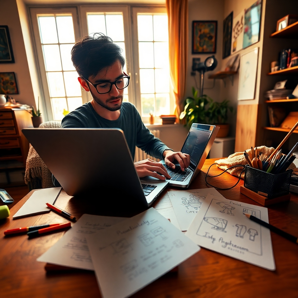 A vibrant workspace featuring a creative writer engrossed in crafting content on a laptop. The lighting is warm and inviting, streaming in from a large window, illuminating the scene with natural light. The color palette comprises earthy tones and splashes of color from the writer's art supplies scattered around the desk, creating an inspiring atmosphere. The camera perspective is at eye level, focusing on the writer's concentration and the laptop screen filled with captivating content. Textures include the wooden desk, a cozy blanket draped across a chair, and crisp paper notes spread out with key ideas and sketches. This image should be crafted in ultra-detailed, hyperrealistic style to emphasize creativity and professionalism within a workspace environment.