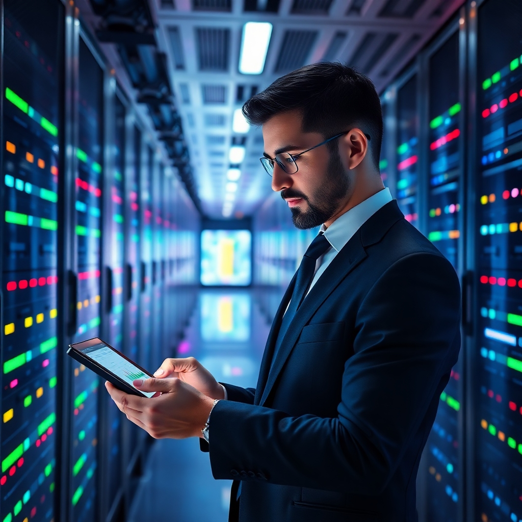 An elegant server room with futuristic servers and colorful LED lights. In the foreground, a business professional (in formal attire) is analyzing performance metrics on a tablet, emphasizing the connection between technical reliability and business growth.