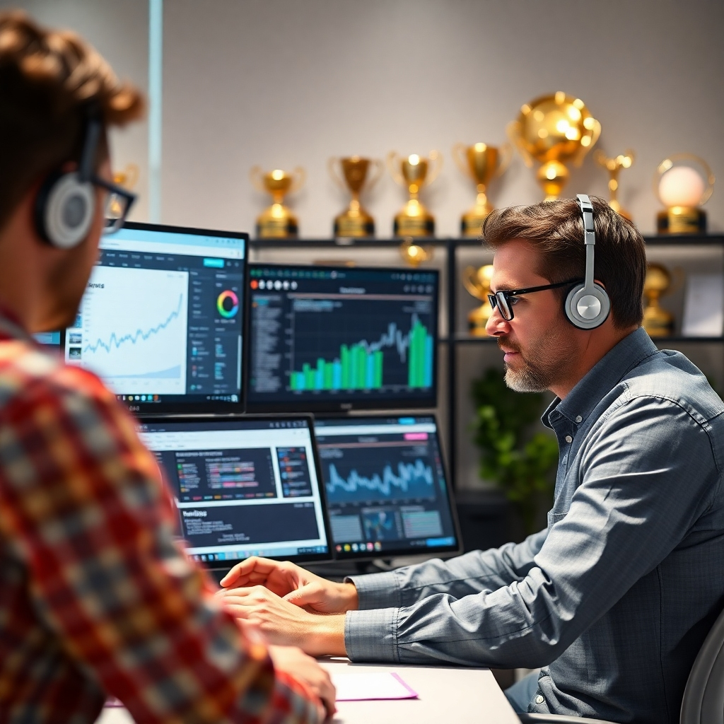 An experienced web designer at work in a contemporary office, focused on multiple screens displaying website analytics and design tools. The background features trophies or awards highlighting years of experience, symbolizing expertise in web design and SEO.