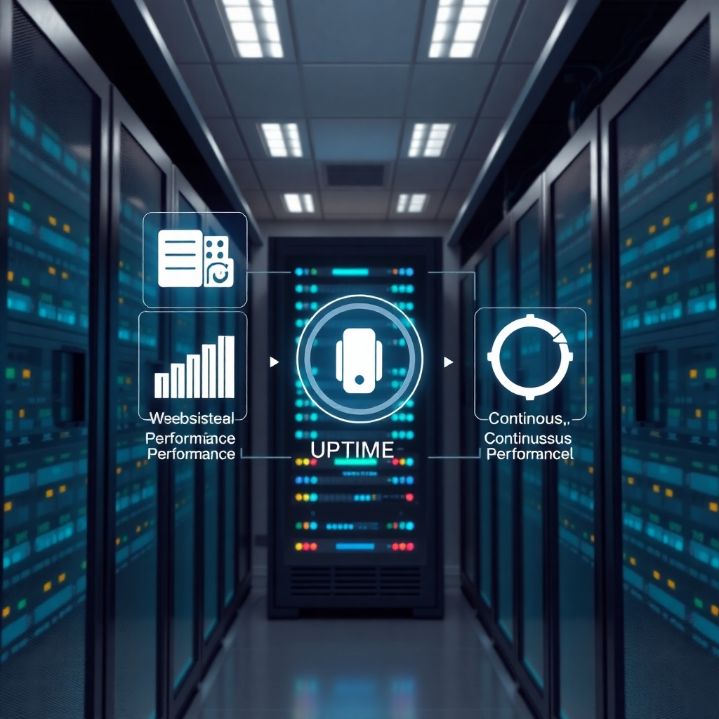 An illustration of a secure server room with sleek, modern servers. Overlaid are icons representing website performance metrics and continuous uptime, showcasing the reliability and technology that keeps websites running smoothly.