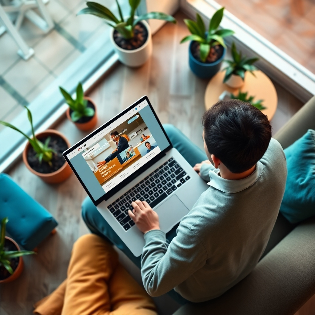 An overhead view of a user interacting with a sleek laptop, showcasing a responsive website design. The surroundings are vibrant with elements like potted plants and comfortable seating, signifying a productive and engaging atmosphere.