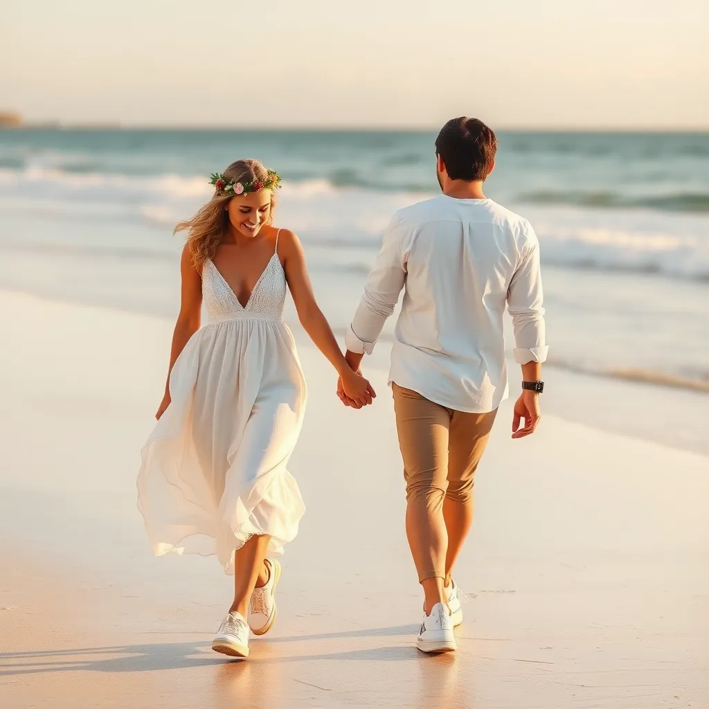 A bride and groom walking hand-in-hand on a beach, both wearing white sneakers. The bride is wearing a flowy white dress and a floral crown. The image should capture the relaxed and romantic atmosphere of a destination wedding.