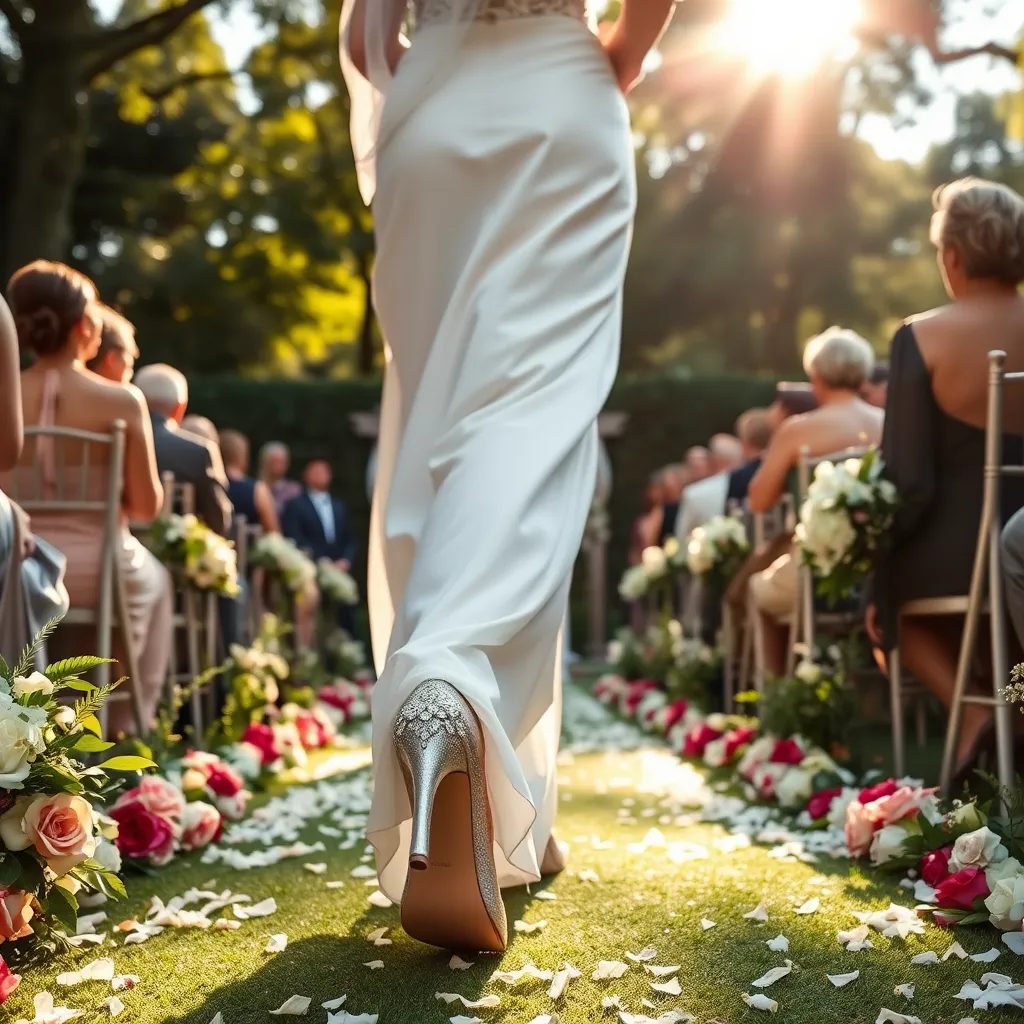 A bride walks down the aisle of a beautiful garden wedding ceremony. She is wearing a flowing white wedding dress and a pair of delicate silver heels with intricate embellishments. The sun is shining through the trees, casting a warm glow on the bride and her guests. The heels should have a comfortable yet stylish design with a medium heel height. The image should focus on the bride's feet and the beautiful floral decorations surrounding her.
