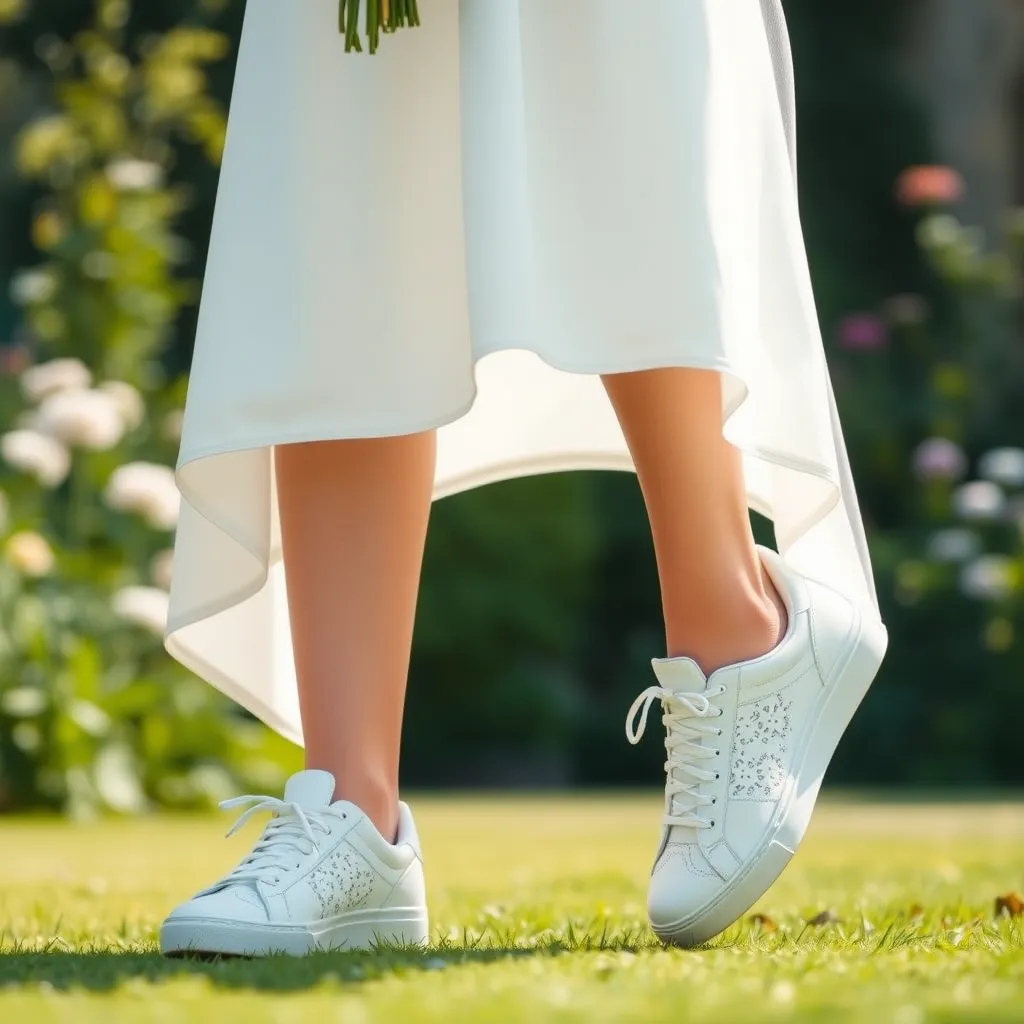 A bride wearing a white wedding dress and a pair of white sneakers with delicate lace details. The bride is standing in a garden setting, smiling and holding a bouquet of flowers. The image should be bright and cheerful, showcasing the elegance and comfort of bridal sneakers.