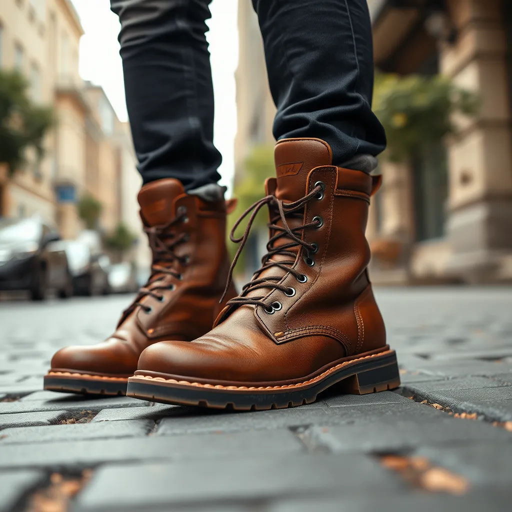 A close-up shot of a pair of men's brown leather boots with a rugged sole, worn by a man in a casual outfit, standing on a paved street in a city setting. The boots should highlight the intricate details and craftsmanship, with a focus on the quality materials. The image should have a natural and warm lighting, showcasing the boots' timeless appeal and versatility.