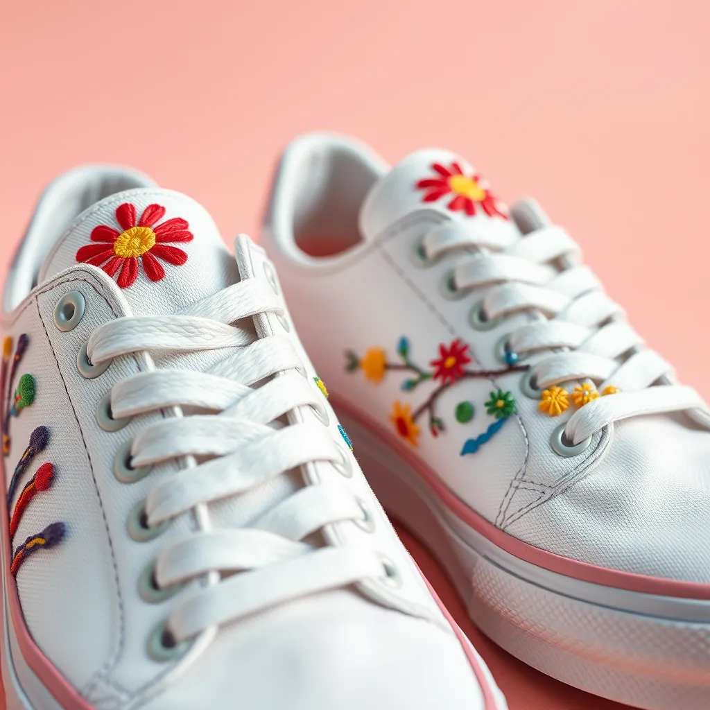 A close-up shot of a pair of white sneakers with colorful embroidery, showcasing the unique details and intricate craftsmanship. The background should be a soft pastel color, highlighting the vibrant colors of the sneakers.