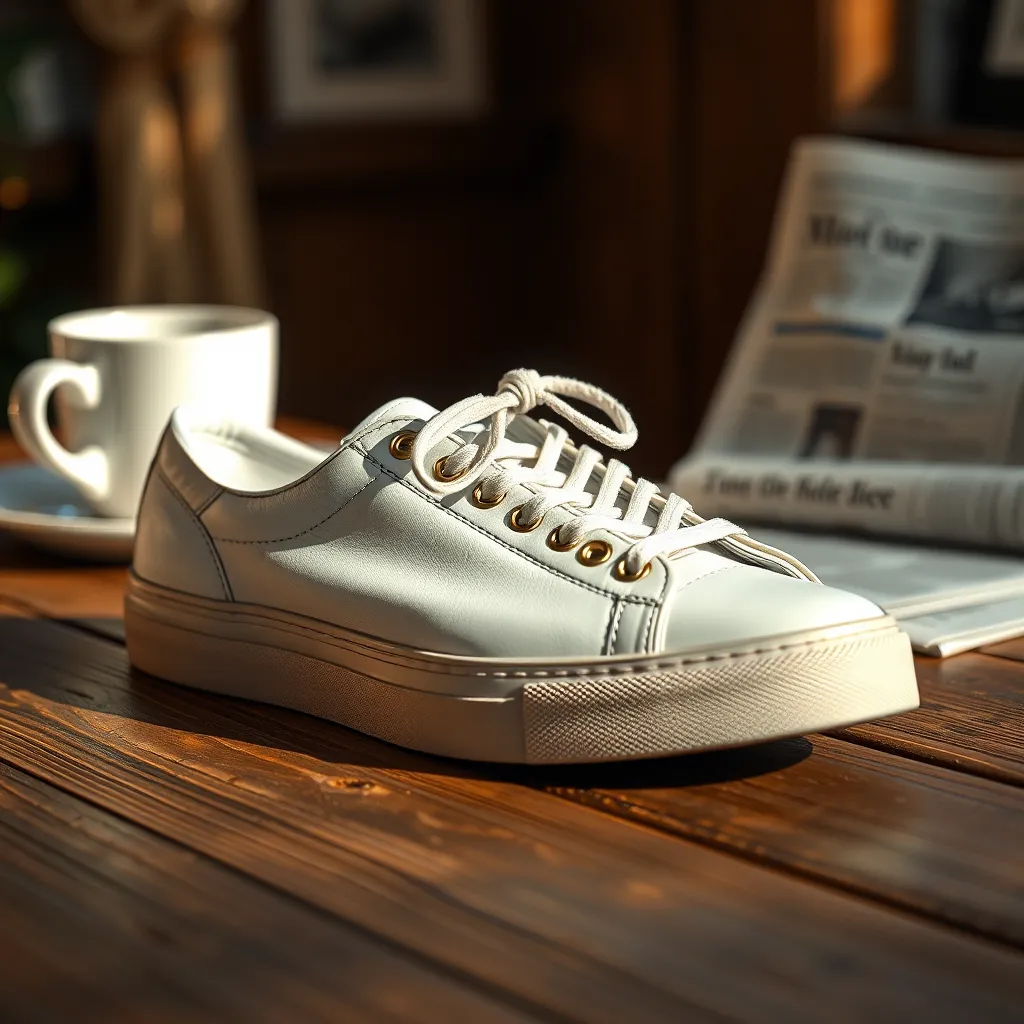 A close-up shot of a pair of white leather sneakers with a worn, vintage aesthetic, sitting on a wooden table with a cup of coffee and a newspaper in the background. The lighting should be warm and natural, creating a relaxed and inviting atmosphere.