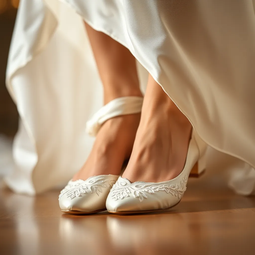 A close-up shot of a pair of white satin bridal flats with delicate lace detailing. The flats are worn by a woman's feet, with her wedding dress flowing around them. The background is a soft, romantic blur of light and bokeh.