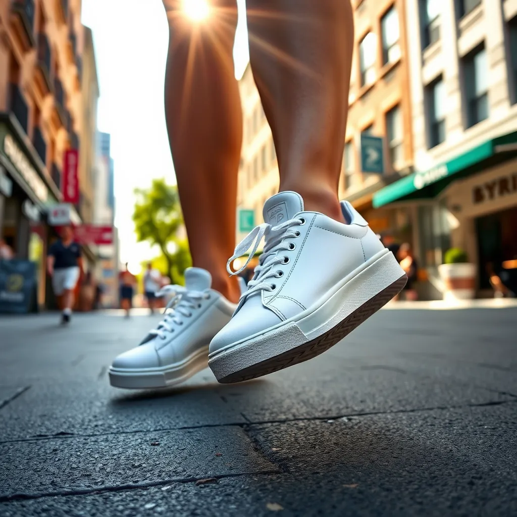 A close-up shot of a woman wearing a pair of stylish white sneakers while walking down a bustling city street. The sun is shining brightly, and the woman is smiling as she enjoys her day. The sneakers should have a clean and modern design with subtle details, such as contrasting stitching or a logo on the side. The background should be a vibrant urban scene with shops, cafes, and people passing by.