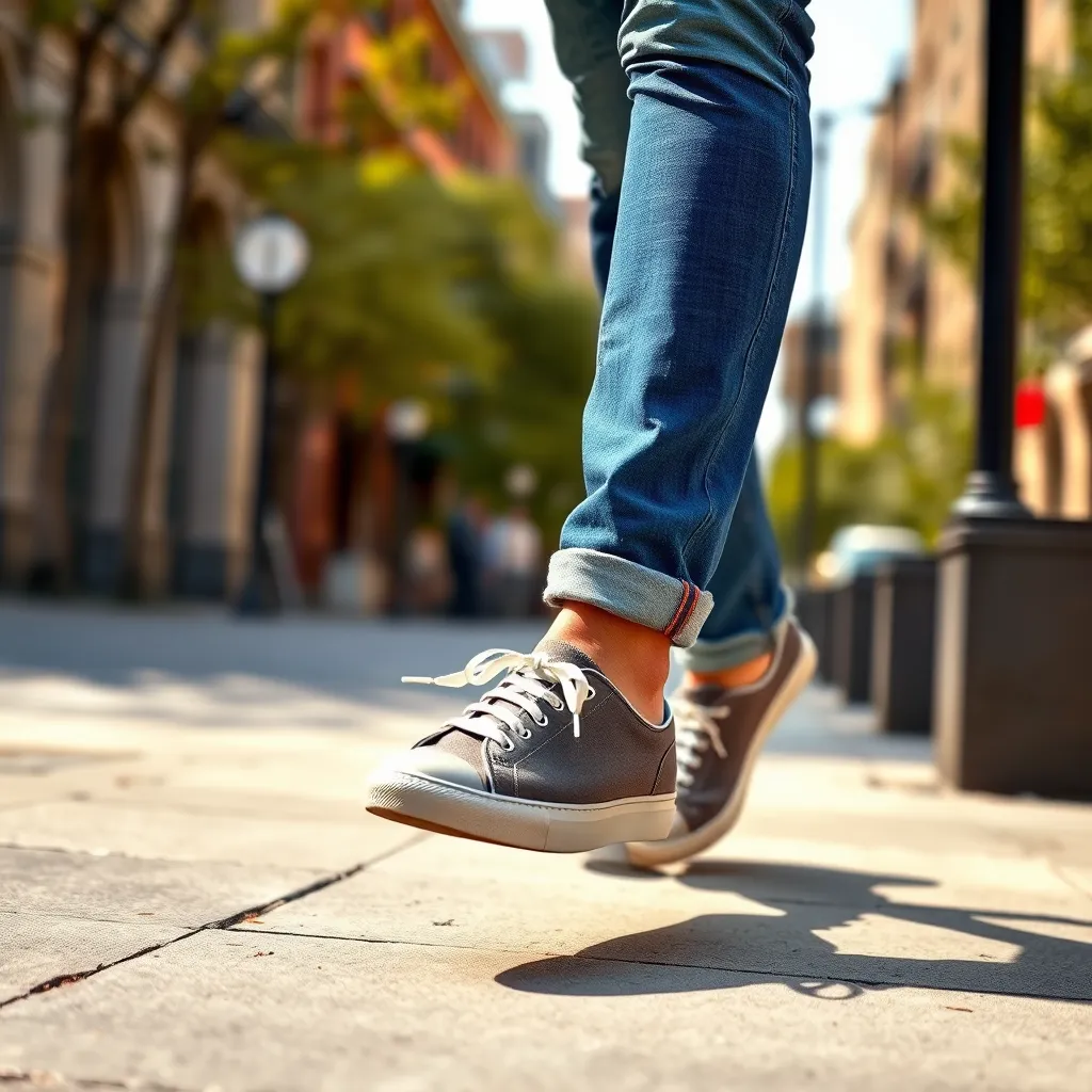 A man in a casual outfit, wearing blue jeans and a light blue button-up shirt, is walking down a sidewalk in a sunny city setting. He is wearing a pair of grey canvas sneakers with white laces, highlighting the casual and versatile nature of the shoes. The image should depict a carefree and relaxed mood, emphasizing the shoes' suitability for daily activities.