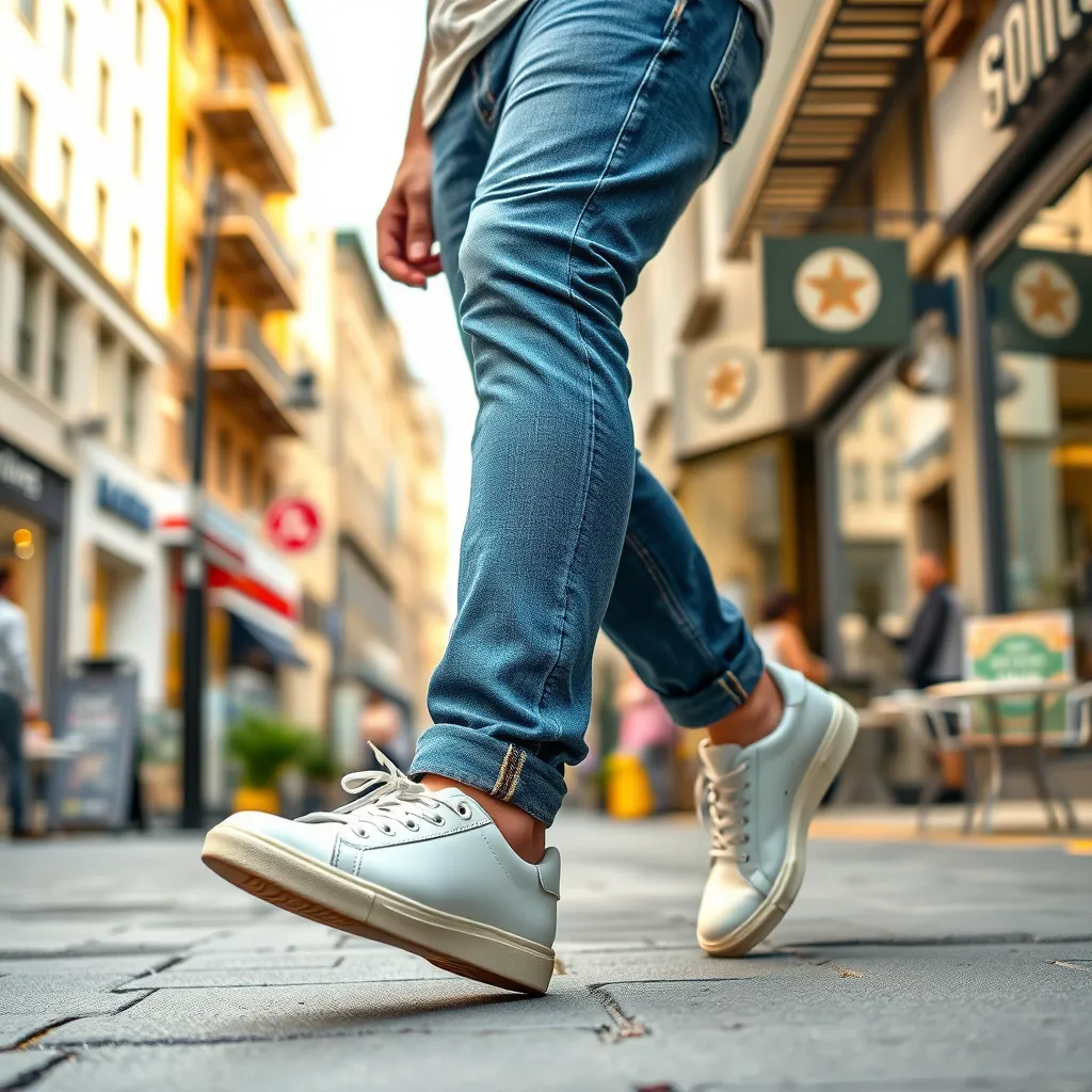 A man in his 20s wearing a pair of white leather sneakers with blue jeans and a t-shirt, walking down a city street, smiling and enjoying the day. The background is a bustling city street with shops and cafes. The sneakers are the focus of the image, showcasing their stylish and comfortable design.