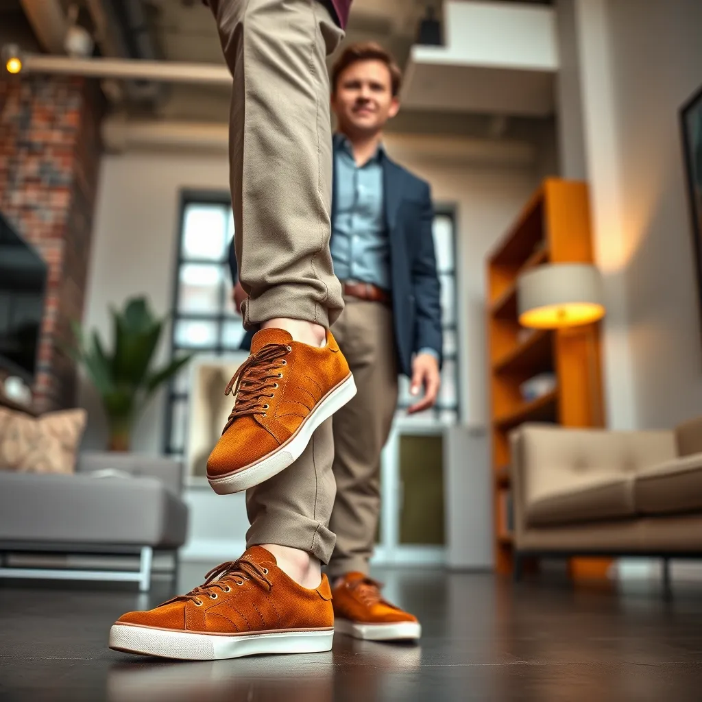 A man in his 30s standing in a stylish loft apartment, wearing a pair of brown suede sneakers with a tailored blazer and chinos. The sneakers are the focal point of the image, showcasing their refined design and luxurious feel. The background features a modern and urban setting.