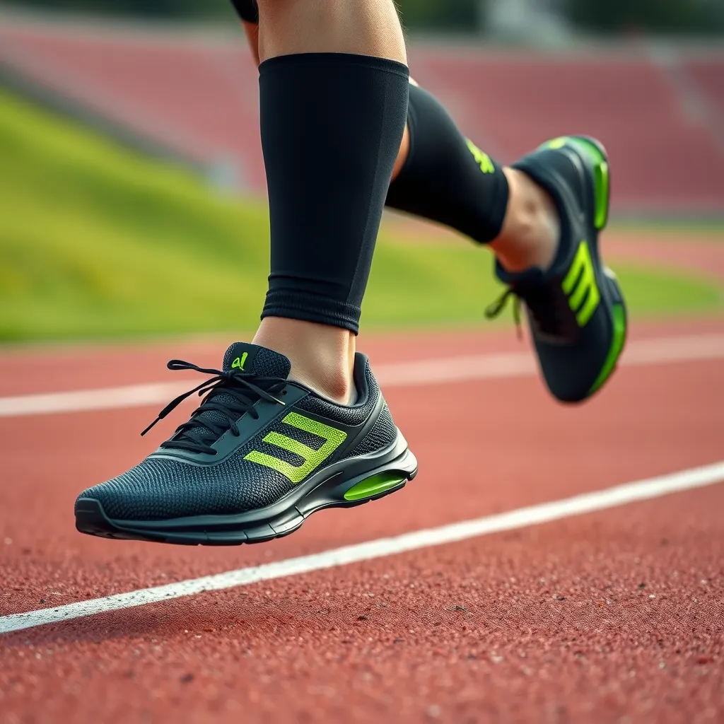A man running on a track, wearing a pair of black and neon green athletic sneakers with breathable mesh and a cushioned sole. The image should capture the motion of the runner, emphasizing the dynamic and supportive design of the sneakers.