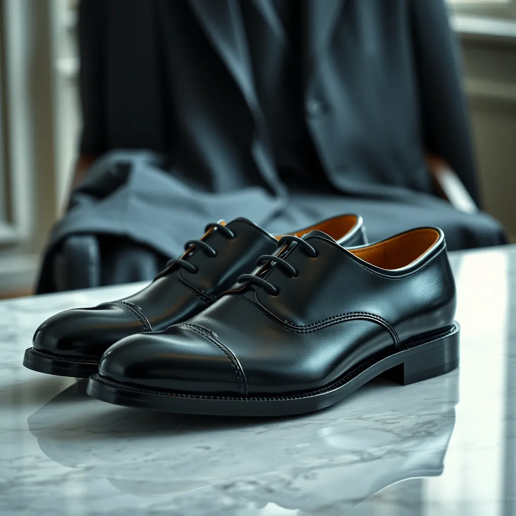 A pair of classic black leather oxfords with a polished finish, sitting on a marble surface with a suit jacket draped over a chair in the background. The lighting should be dramatic and sophisticated, highlighting the sleek lines and craftsmanship of the shoes.