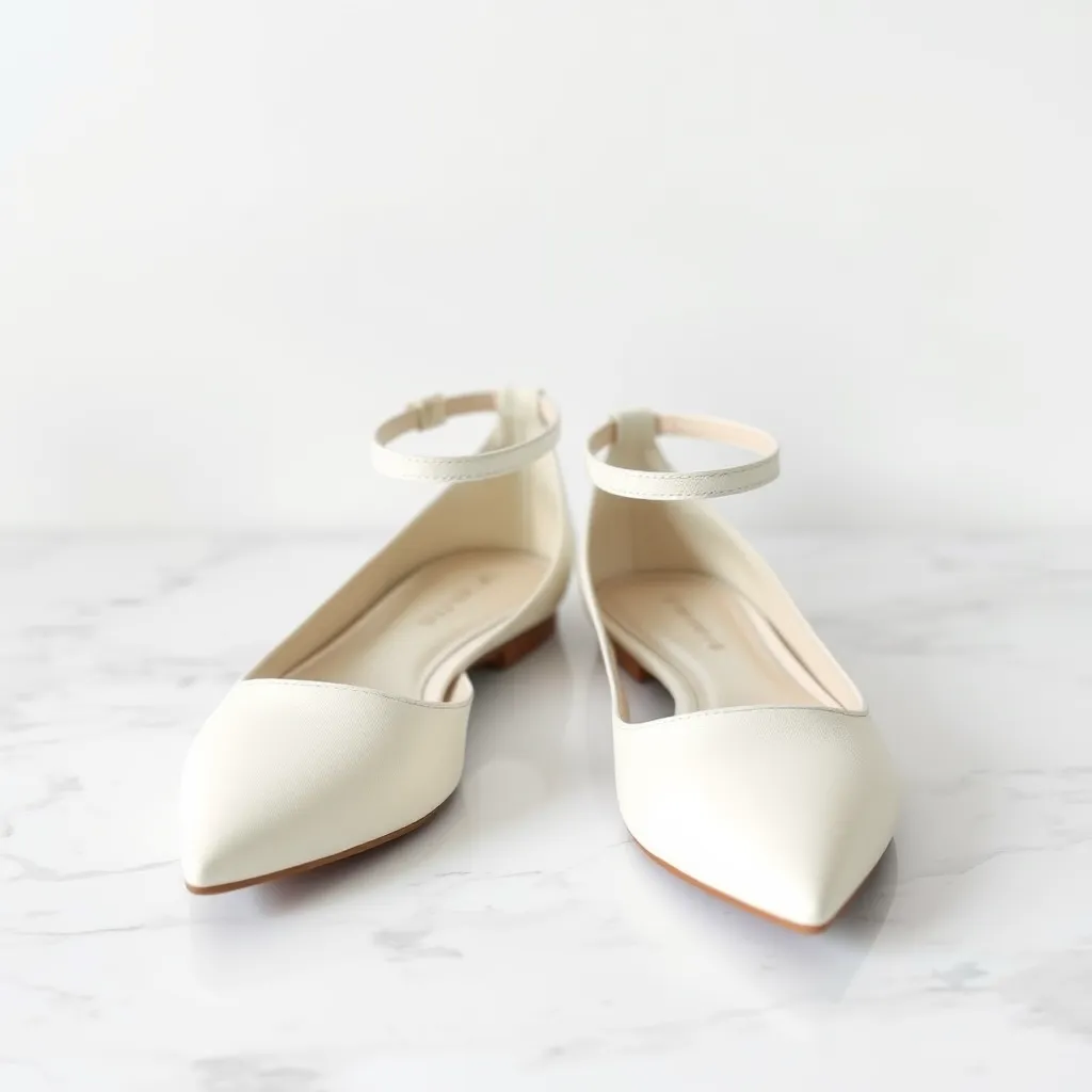 A pair of ivory leather bridal flats with a simple, pointed toe and a delicate ankle strap. The flats are positioned on a white marble surface with a minimalist backdrop. The image emphasizes the clean lines and elegant simplicity of the shoes.
