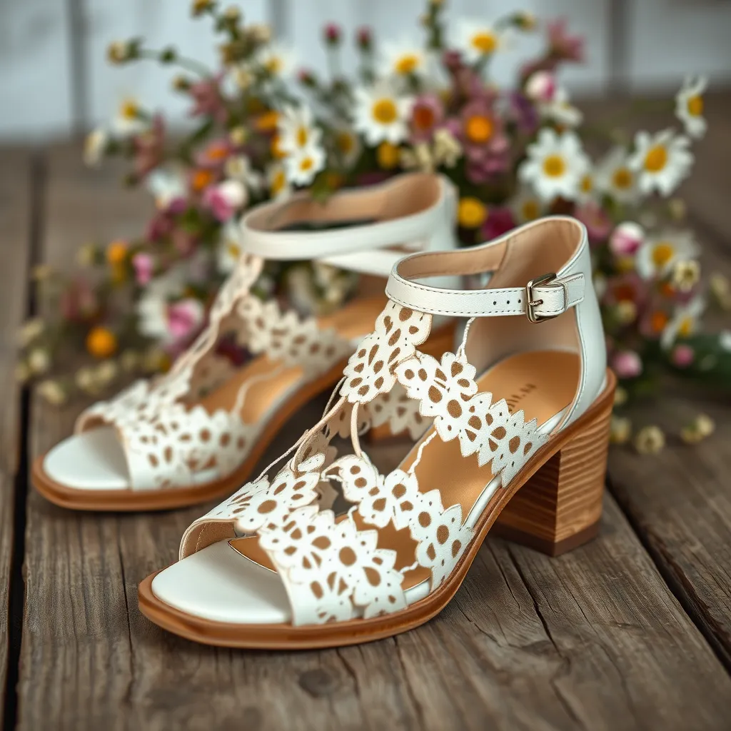 A pair of ivory leather sandals with delicate lace overlays and a wooden block heel. The sandals are sitting on a rustic wooden floor with a bouquet of wildflowers in the background.