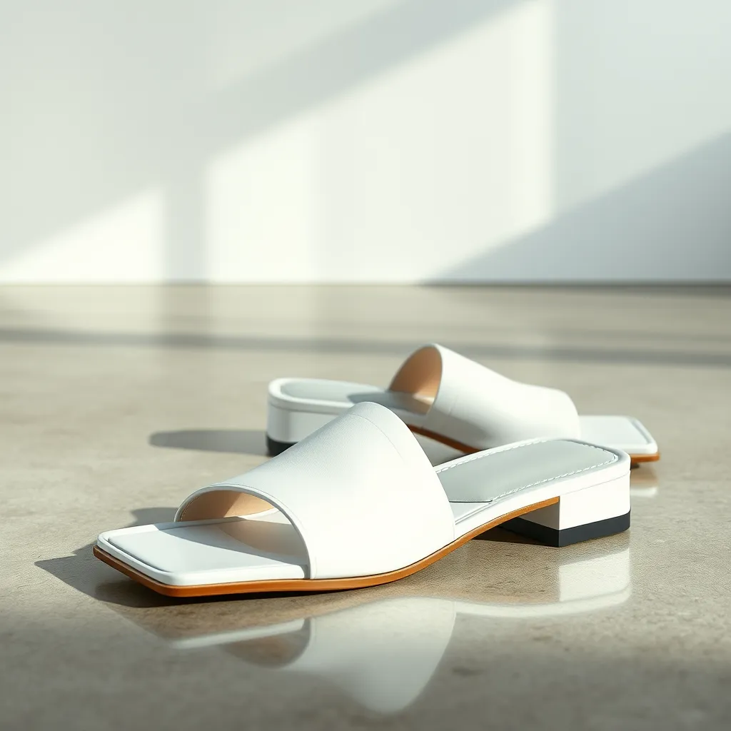 A pair of sleek white leather sandals with a square toe and a low, chunky heel. The sandals are resting on a polished concrete floor, with a modern, minimalist backdrop in the background.
