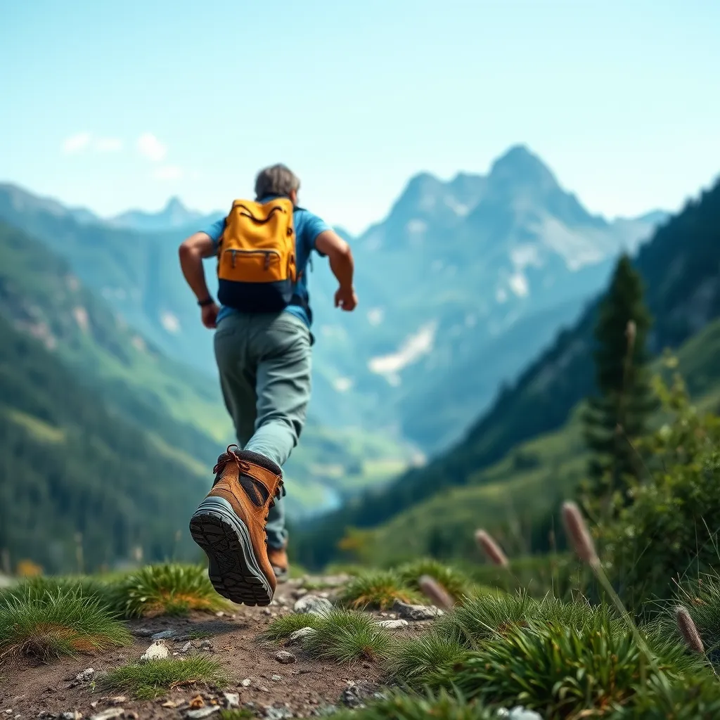 A photorealistic image of a person confidently hiking through a scenic mountain trail. The person is wearing sturdy and comfortable hiking boots, showcasing their durability and functionality. The background features lush greenery, towering mountains, and a clear blue sky, conveying a sense of adventure and exploration.
