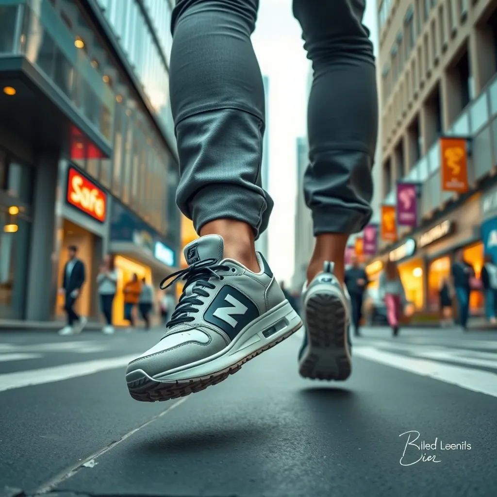 A photorealistic image of a person wearing a stylish pair of sneakers while walking through a bustling city street. The background should feature modern architecture and people going about their day, creating a sense of urban energy and everyday life.