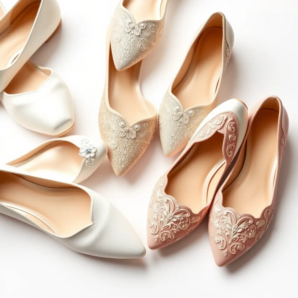 A spread of various bridal flats in different colors and styles. The flats include white satin, ivory leather, champagne glitter, and blush pink with intricate embroidery. The image is arranged in a visually appealing way on a white background, showcasing the variety of options available.