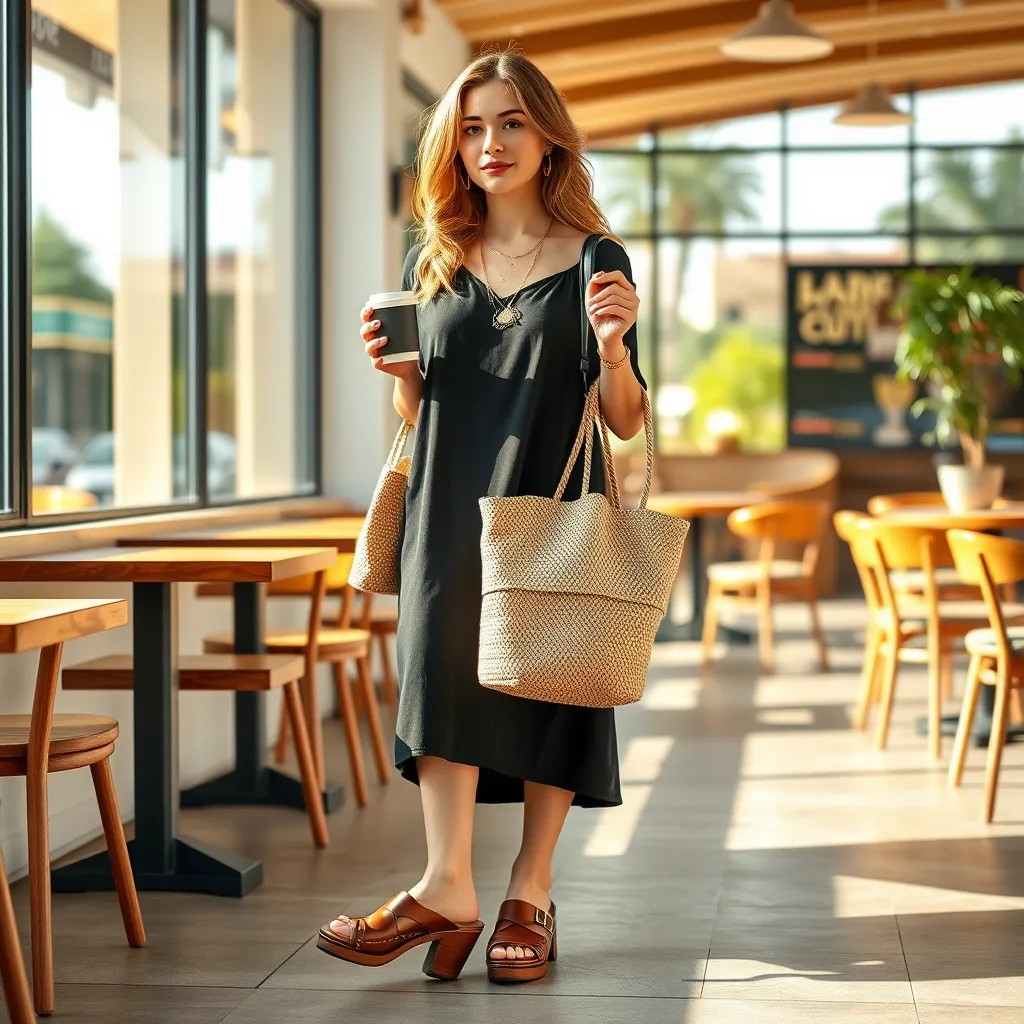 A woman in her 20s wearing a pair of classic brown leather clogs with a simple black midi dress, a straw tote bag, and gold jewelry, standing in a sunny cafe setting with a cup of coffee in her hand.
