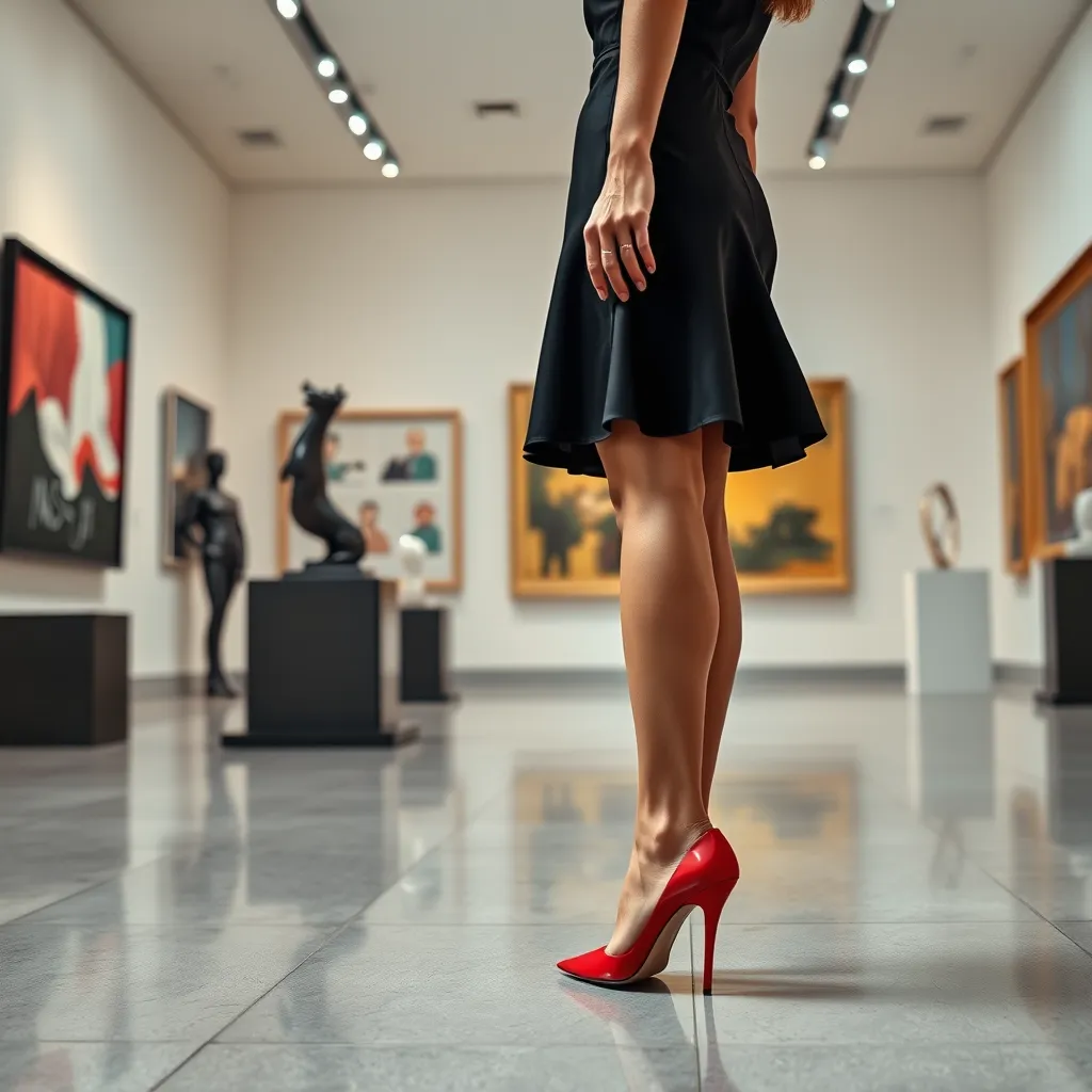 A woman wearing a chic black dress and a pair of elegant red heels stands confidently in a modern art gallery. The gallery is filled with contemporary paintings and sculptures, and the woman is admiring a piece of art. The heels should have a sleek and timeless design with a high, stiletto heel. The image should be taken from a slightly low angle, emphasizing the woman's height and elegance.