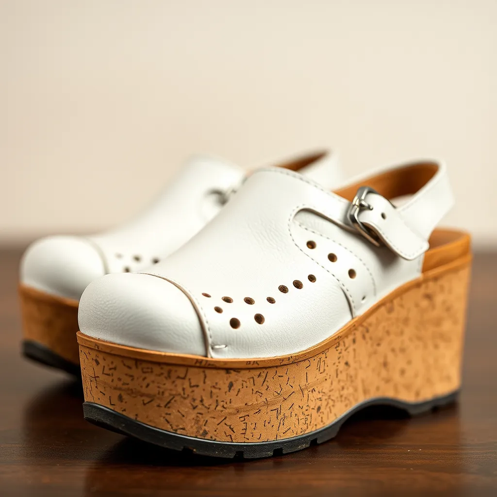 Close-up shot of a pair of women's white platform clogs with a cork footbed and intricate leather detailing.  The background is blurred and neutral, highlighting the clogs' texture and craftsmanship.