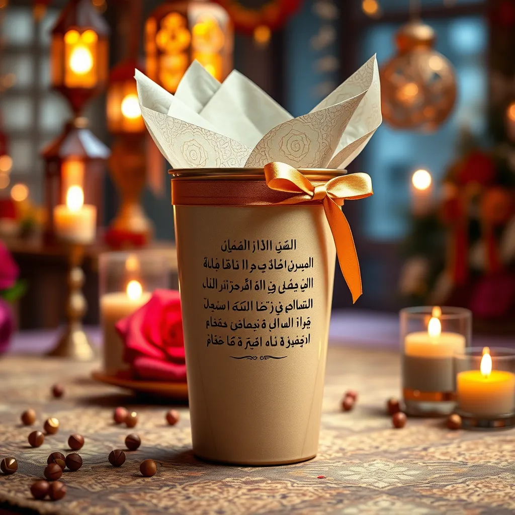A beautifully packaged Islamic tumbler with a heartfelt message engraved on it. The tumbler is wrapped in a delicate, gold-patterned tissue paper and tied with a satin ribbon. The background features a celebratory scene with lanterns, candles, and festive decorations, creating a warm and celebratory atmosphere.