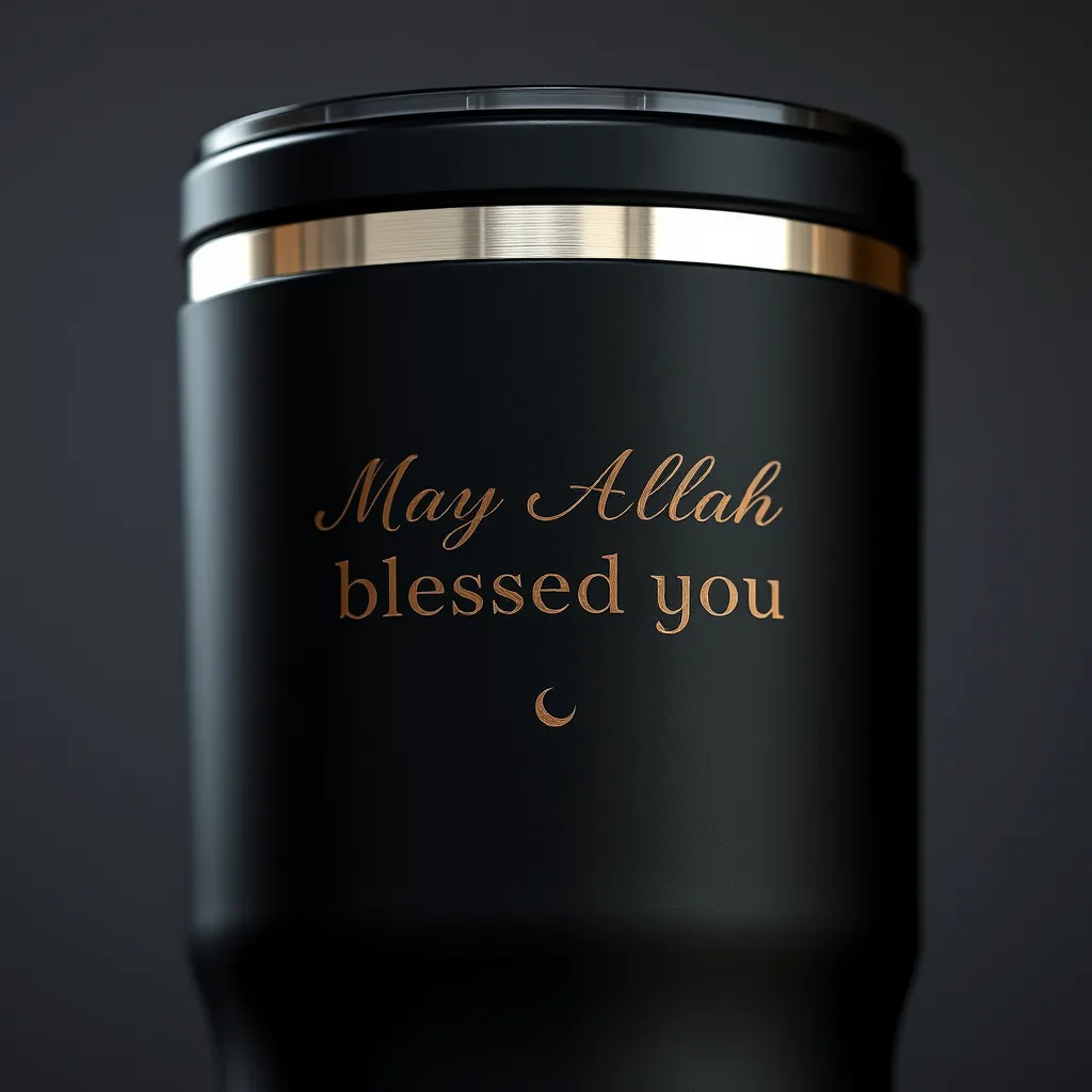A black travel tumbler with a minimalist design. On the side, a laser-etched inscription reads "May Allah bless you" in a simple, elegant font. Below the inscription, a small crescent moon symbol adds a subtle touch of Islamic inspiration.