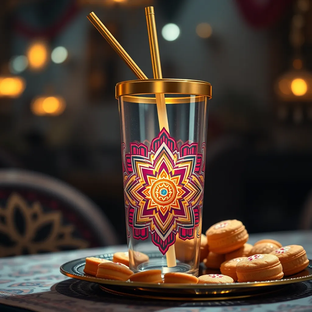 A clear glass tumbler with a gold lid and straw, featuring a colorful and intricate design inspired by traditional Islamic art. The design includes geometric patterns, floral motifs, and calligraphy. The tumbler is sitting on a table with a plate of Eid sweets, surrounded by a festive ambiance.