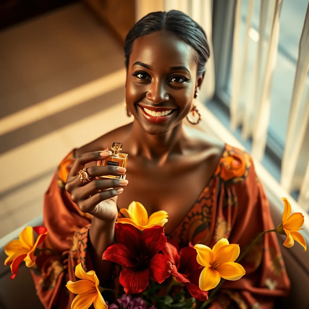 A close-up, high-angle shot of a woman in a luxurious, modern setting. She has a warm, inviting smile, wearing a stunning, flowing African-inspired dress. She holds a small, intricate perfume bottle with gold accents, surrounded by a variety of fragrant flowers in vibrant colors. The light is soft and natural, illuminating the scene with a warm glow. The composition is balanced, emphasizing the perfume and the woman's confident expression. The overall style is elegant and sophisticated, capturing the essence of luxury and the alluring scent of African Dubai Perfume. Render in 8K resolution with photorealistic details, capturing the subtle textures of the fabric, flowers, and perfume bottle.  The image should exude a sense of elegance, mystery, and pure indulgence.
