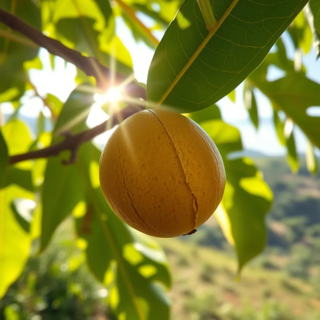 A close-up of a shea nut on a branch of a shea tree, with the sun shining through the leaves, highlighting the richness and natural beauty of the shea nut. The background is a vibrant African landscape with lush green vegetation.
