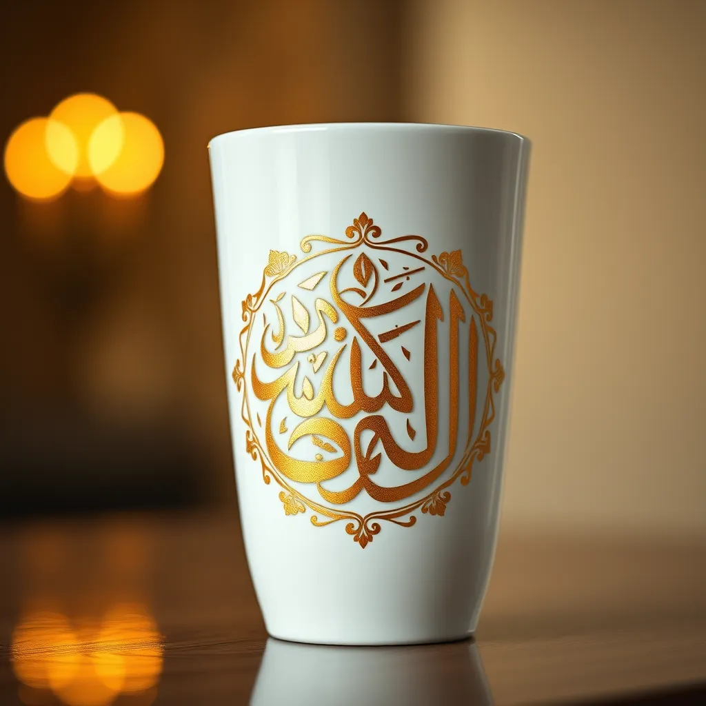 A close-up of a white ceramic tumbler with a gold-plated design of an intricate Islamic calligraphy on the front. The tumbler is partially filled with a clear beverage, and the background is blurred with soft, warm lighting. The overall feel should be elegant and spiritual.