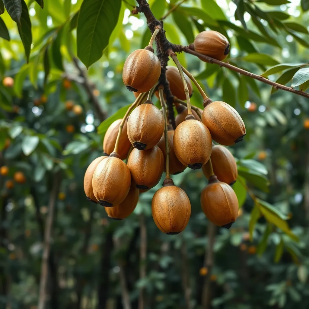 A close-up photo of a shea tree with ripe, brown fruits hanging from its branches. The background should be a lush green forest, highlighting the natural environment of the shea tree. The image should convey a sense of abundance and nature's bounty.