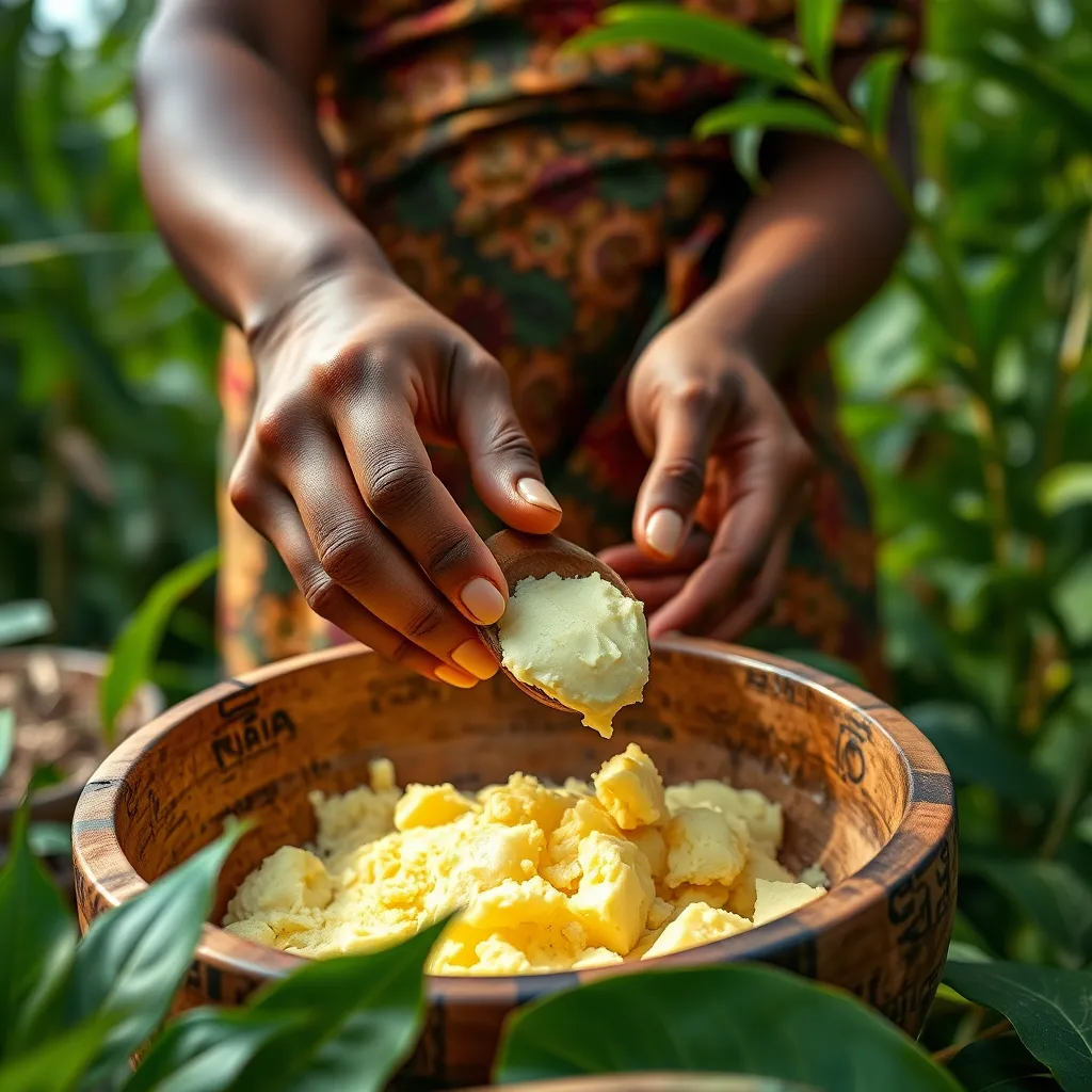 A close-up photo of hands carefully scooping out shea butter from a large wooden bowl, with a backdrop of lush green foliage and a woman in traditional African clothing in the background.
