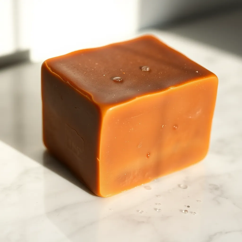 A close-up shot of a bar of shea butter soap, with a rich brown color. The soap should have a smooth, slightly textured surface with subtle details. The soap should be placed on a white marble surface, with a few drops of water on the surface. The lighting should be dramatic side lighting, casting shadows and highlighting the texture of the soap. The background should be a simple, clean white surface, emphasizing the soap's natural beauty. Style references:  'product photography' by  'Annie Leibovitz' and 'natural light photography' by  'Josef Sudek'. Technical specifications:  '8K resolution', 'hyperrealistic', 'ultra-detailed'. 