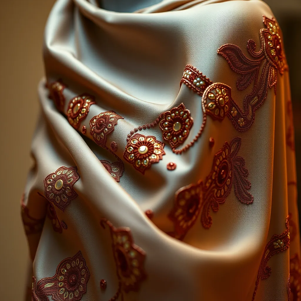 A close-up shot of a beautifully crafted hijab, featuring intricate embroidery and embellishments inspired by traditional African patterns. The hijab should be draped elegantly on a mannequin, showcasing its texture and flowing silhouette. The lighting should be soft and diffused, highlighting the details and colors of the fabric. The camera angle should be slightly angled, emphasizing the depth and richness of the fabric. The image should evoke a sense of craftsmanship, artistry, and cultural heritage.  Style reference:  Alexander McQueen. Technical specifications: 8K resolution, ultra-detailed, hyperrealistic.
